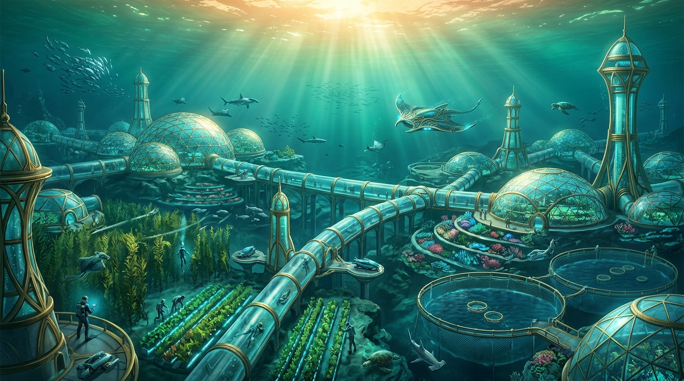 Fathom Atlantis — a sprawling underwater city with geodesic domes, towers, aquaculture zones, and marine life